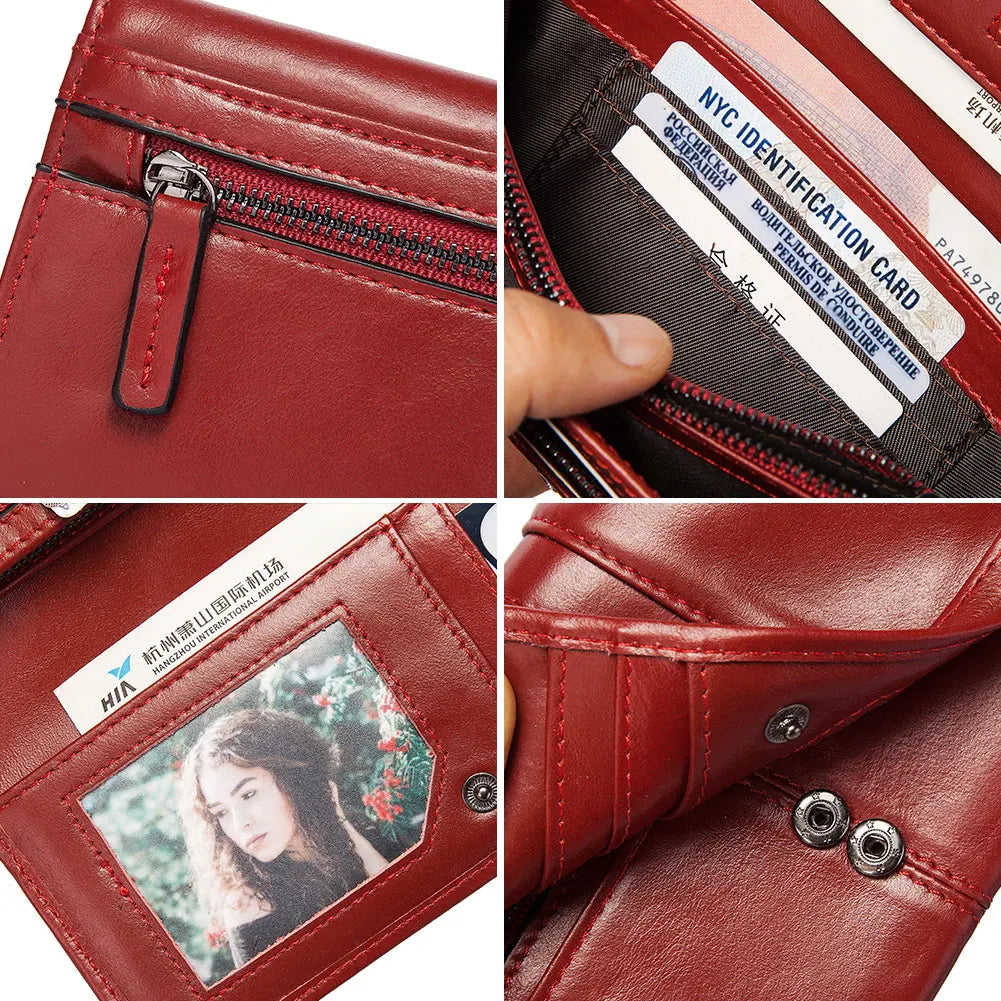 KAVIS Cartera de cuero genuino de marca de lujo para mujer, embrague largo con bolsa para teléfono celular, RFID, moda, rojo, tarjetero, bolso