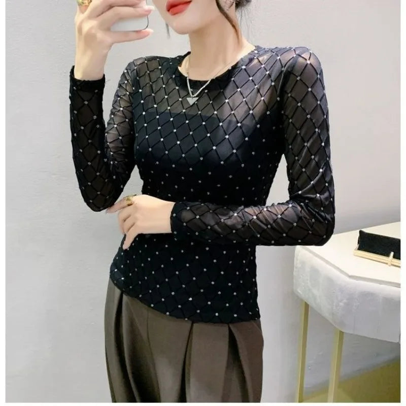 Women Clothing Spring Autumn Korean Fashion Sexy See Through Mesh Rhinestone Basic T Shirt Elegant O Neck Long Sleeve Slim Tops