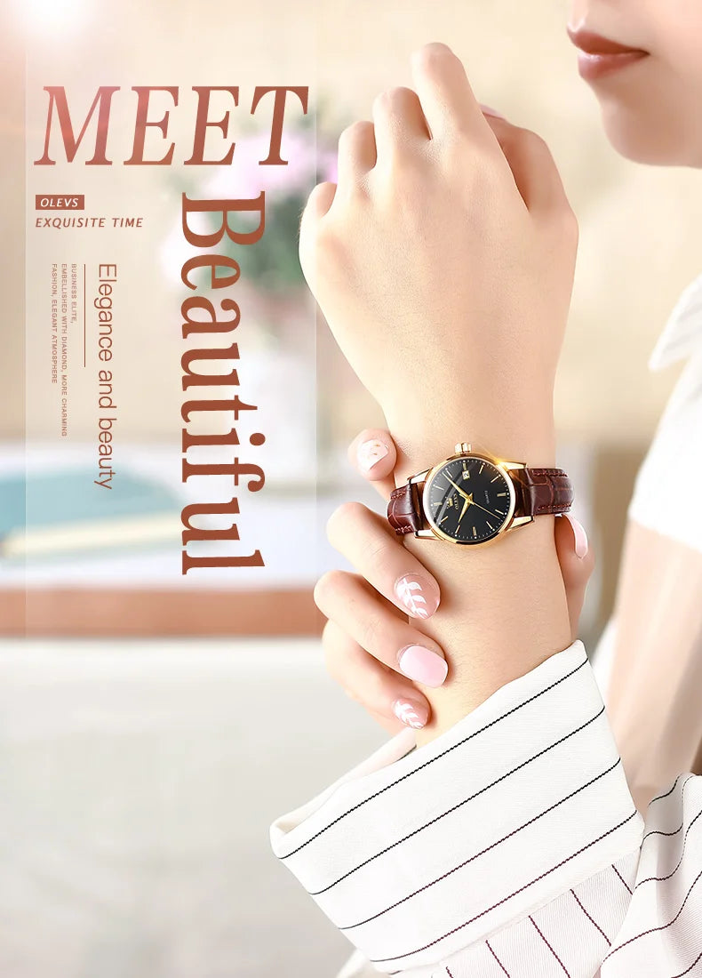 OLEVS 6898 Reloj de Mujer Original de Moda Reloj de Pulsera de Cuarzo Impermeable con Correa de Cuero Luminosa Doble Calendario Reloj de Señora