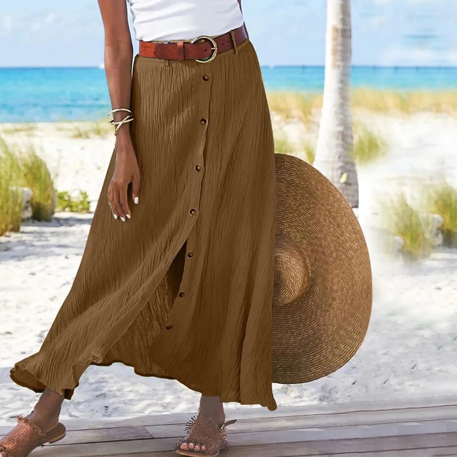 Falda de mujer primavera verano, nueva moda casual, algodón y lino, color sólido, botones, falda dividida, línea A, cintura alta, falda larga.