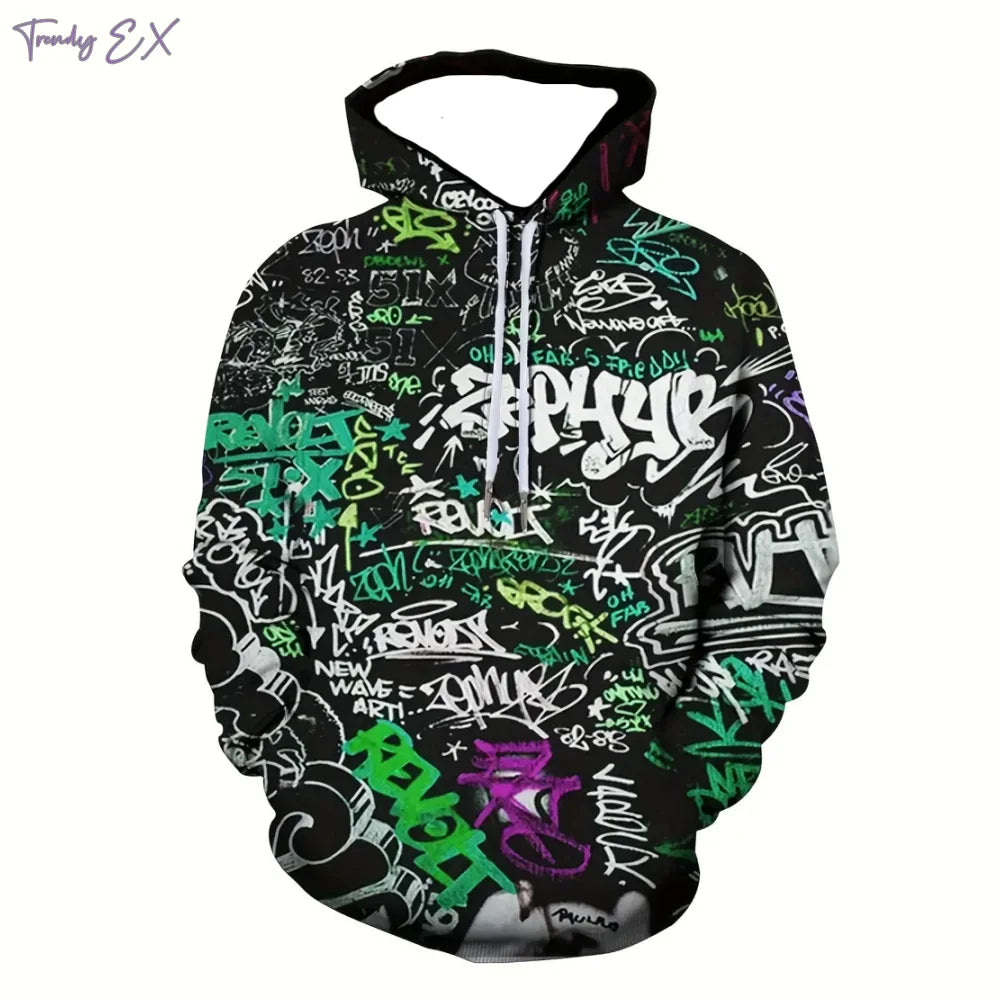 Sudaderas para hombre con estampado de grafiti de moda, sudadera con capucha informal de gran tamaño, bolsillo canguro cómodo, sudadera con capucha deportiva de manga larga
