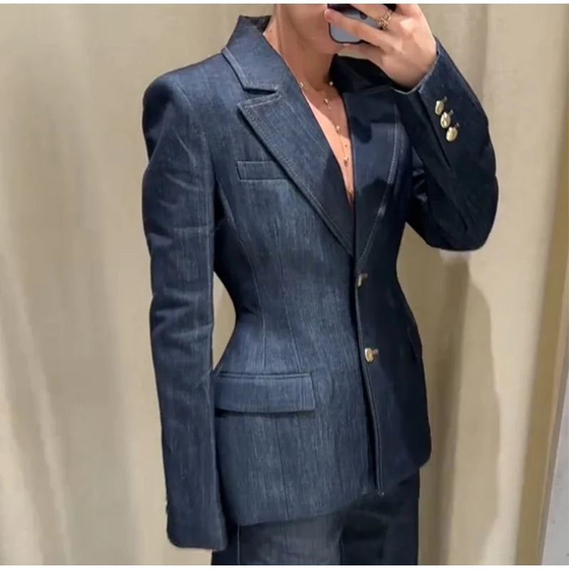 Elegante conjunto de 3 piezas de blazer de mezclilla, pantalón largo para mujer, chaqueta de traje de primavera de un solo botón, chaleco chic con cuello en V, trajes de pantalón de pierna ancha