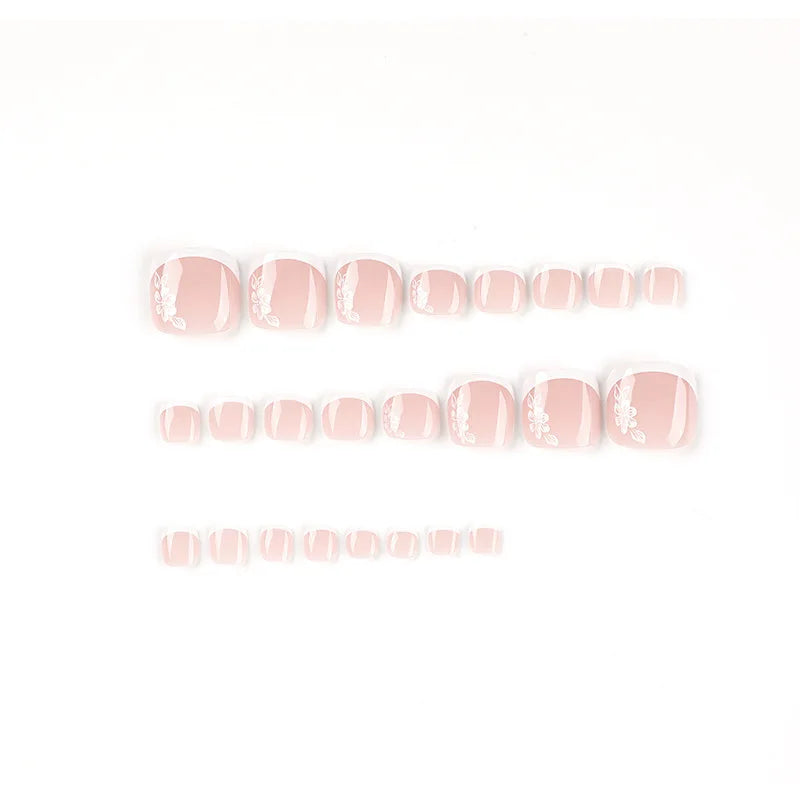 Flores Blancas Uñas Postizas Artificiales Francesas Nude Rosa Uñas Falsas para Pies con Pegamento Uñas Postizas Cortas Planas para Pies al por Mayor