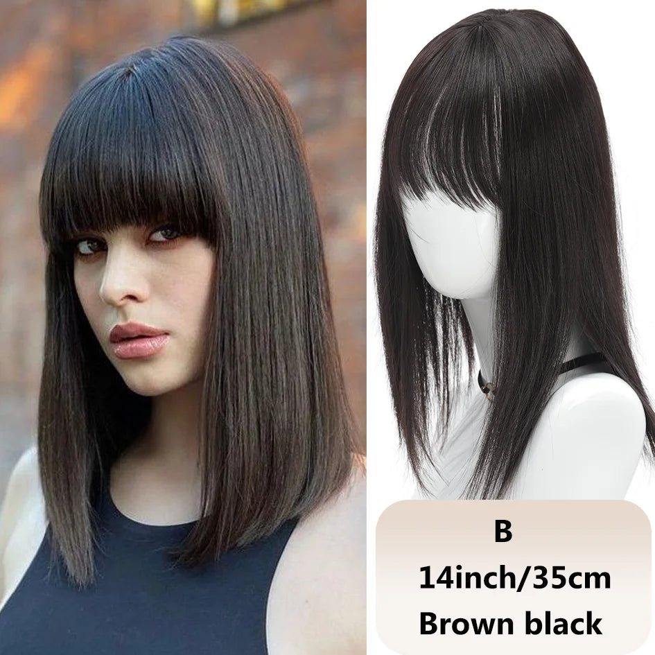 Syntetisk dameparykk med rett hår, 25 cm/30 cm pannelugg, topperstatning, tre kort, svart parykk/brun parykk/beige parykk/khaki parykk