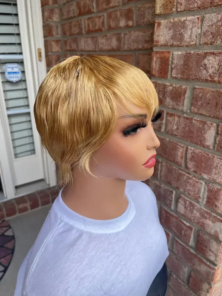 Peluca Lolely Dream Corta Naranja Jengibre 100% Cabello Humano con Flequillo, Peluca Lisa Remy Hecha a Máquina, Peluca Bob con Capas, Corte Pixie para Mujeres