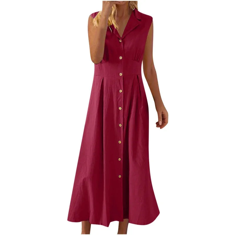 New Dresses Woman Fashion Lapel A-line Vintage Cotton Linen Long Skirt Women's Clothing Tops
