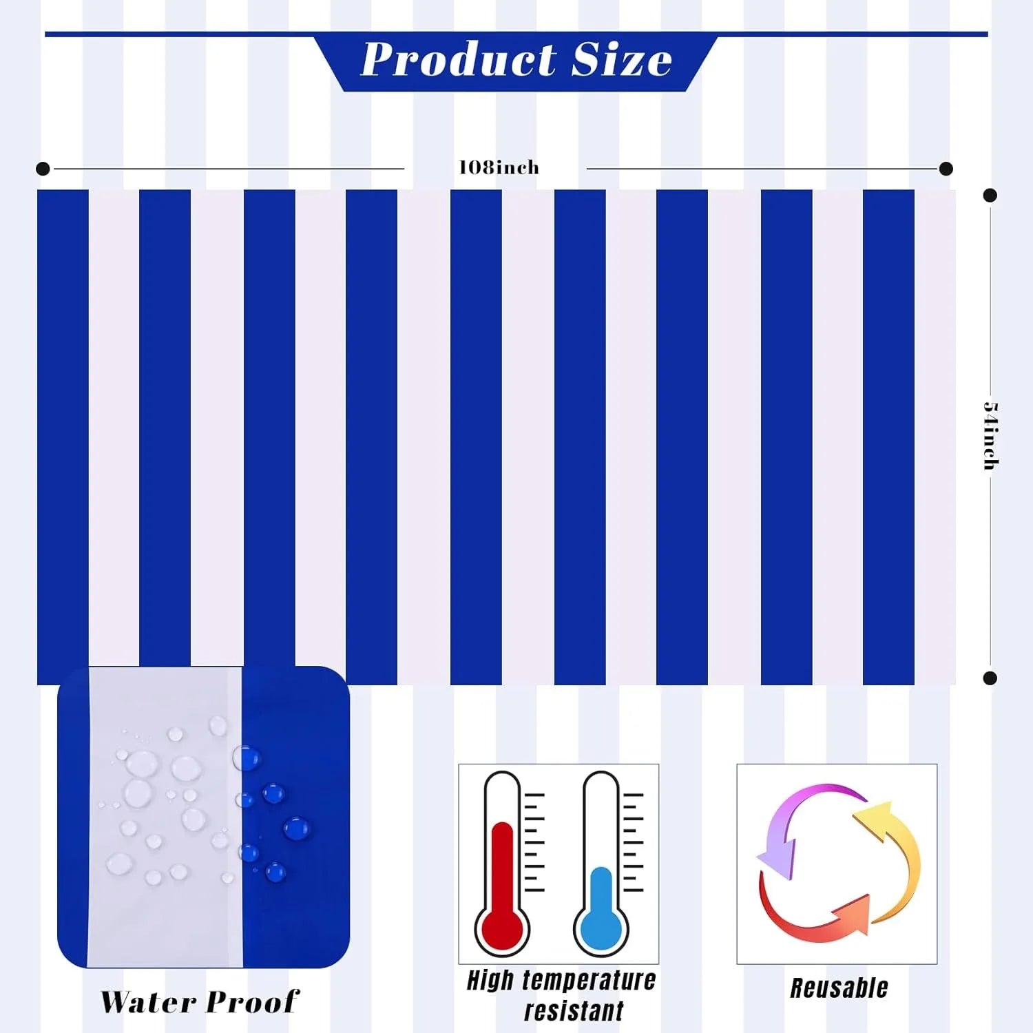 1 nappe rayée bleu et blanc, nappe en plastique imperméable, nappe rectangulaire pour douche ou fête à thème nautique