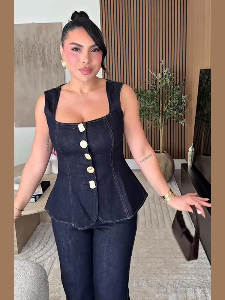 Conjunto de Top y Pantalón de Mezclilla Vintage para Mujer Cuello Cuadrado Camiseta sin Mangas con Botones Vaqueros de Talle Alto Conjuntos Femeninos Moda Y2k 2025 Atuendos de Mezclilla