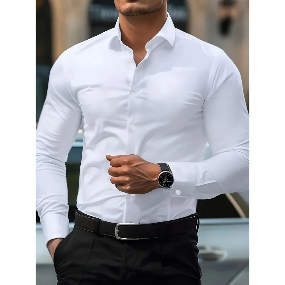 Men's Shirt Brand New Solid Color Long Sleeve Smart Casual Four Season Elastic Male Business Shirts