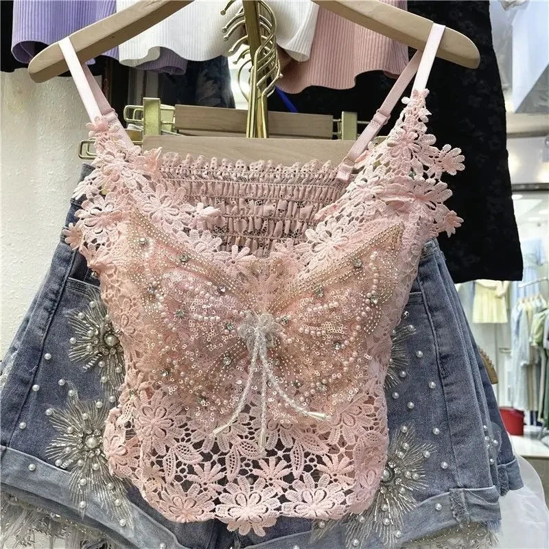 Ropa de mujer, top corto sexy con abalorios pesados y estampado floral, top de encaje de mariposa, top corto que deja el ombligo al descubierto, camiseta de tirantes de verano.