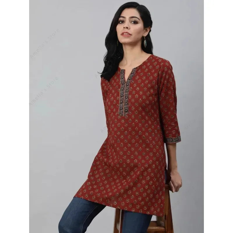 Indian Ethnic Women's Printed Kurta Top Lightweight Flannel Cotton with Three-Quarter Sleeves 4 Color Options India Dress