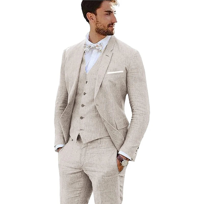 Traje de lino de nuevo diseño para hombres, 3 piezas, conjunto formal para boda o graduación, chaqueta slim fit, esmoquin para novio o padrino, traje para hombre