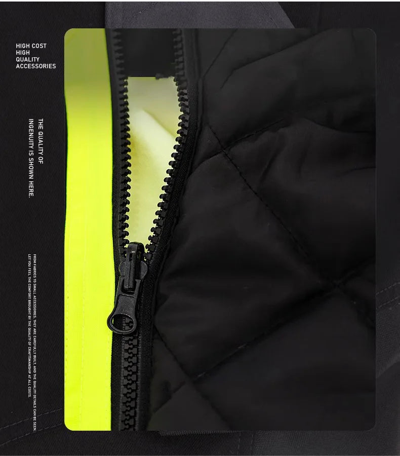 Trajes de trabajo de alta visibilidad amarillos para el invierno, conjunto de chaqueta impermeable de alta visibilidad 3 en 1 con forro y pantalones de trabajo para hombre