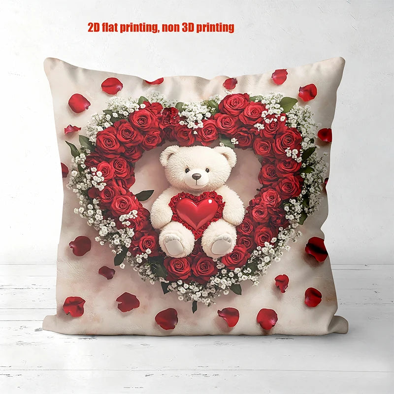 Teddybjørn Rose Hjerte Puter 2D Flat Print Polyester Putetrekk, Sofa Dekorativ Putetrekk Hodegavl Pute