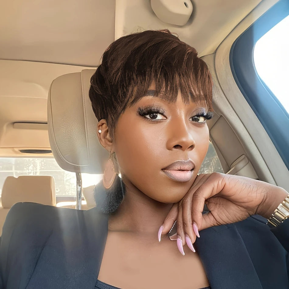 4#/99J/1B Colored Pixie Cut Straight Human Hair Wig for Women Full Machine Made Wig Short Layered Straight Wig with Bangs