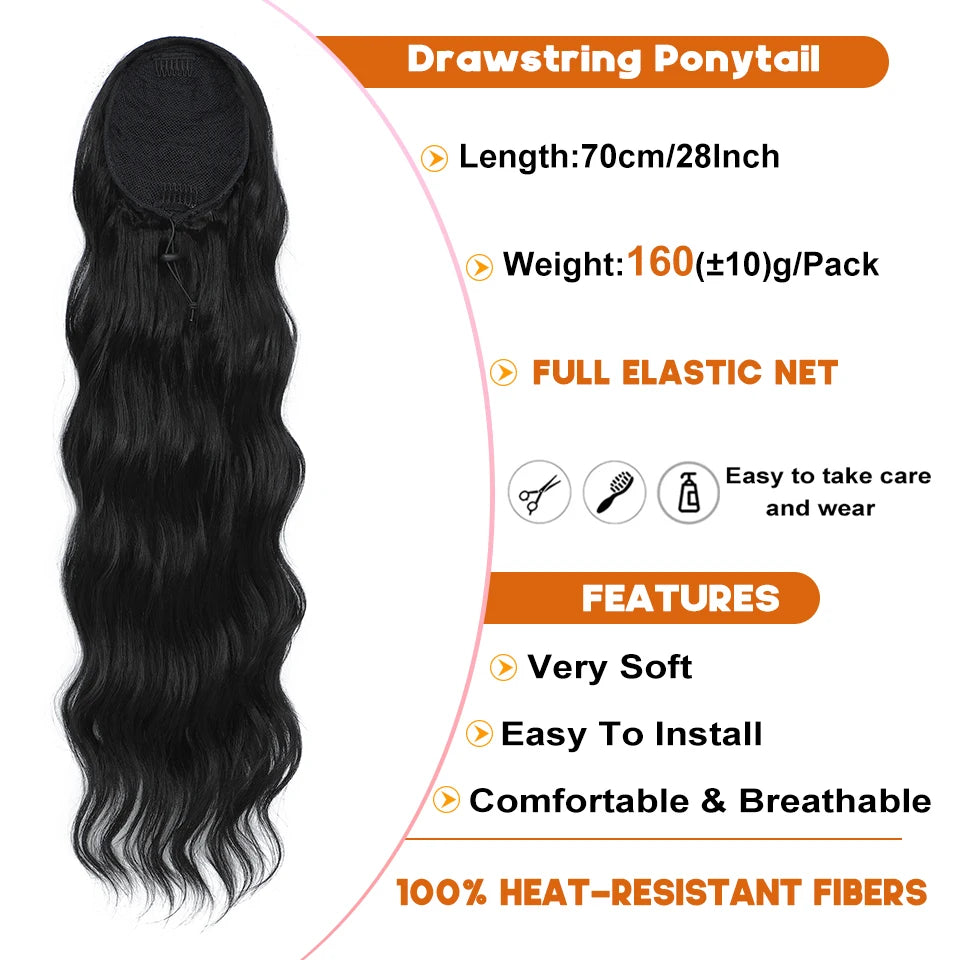 Extensions de queue de cheval bouclée à cordon de serrage de 28 pouces, postiche synthétique à clipser pour femmes noires, longues perruques ondulées pour filles afro