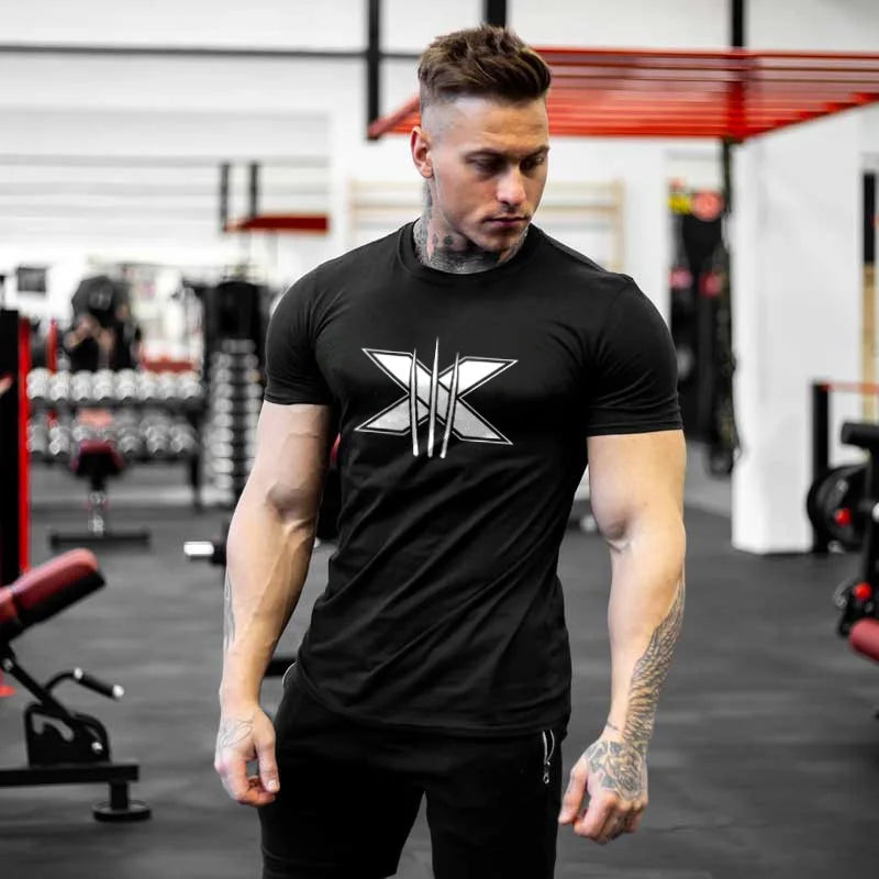 Ropa de gimnasio para hombre, camiseta de manga corta de algodón deportivo, para correr, entrenamiento, ajustada, estampada, sudadera, camisetas casuales