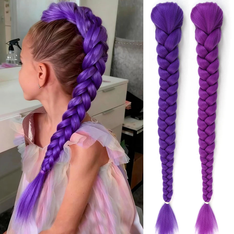 Synthetic Braided Purple Hair Ponytail Rumi Costume Hairstyle Long Ponytail with Rubber band and Clips for Kids Girls Christmas