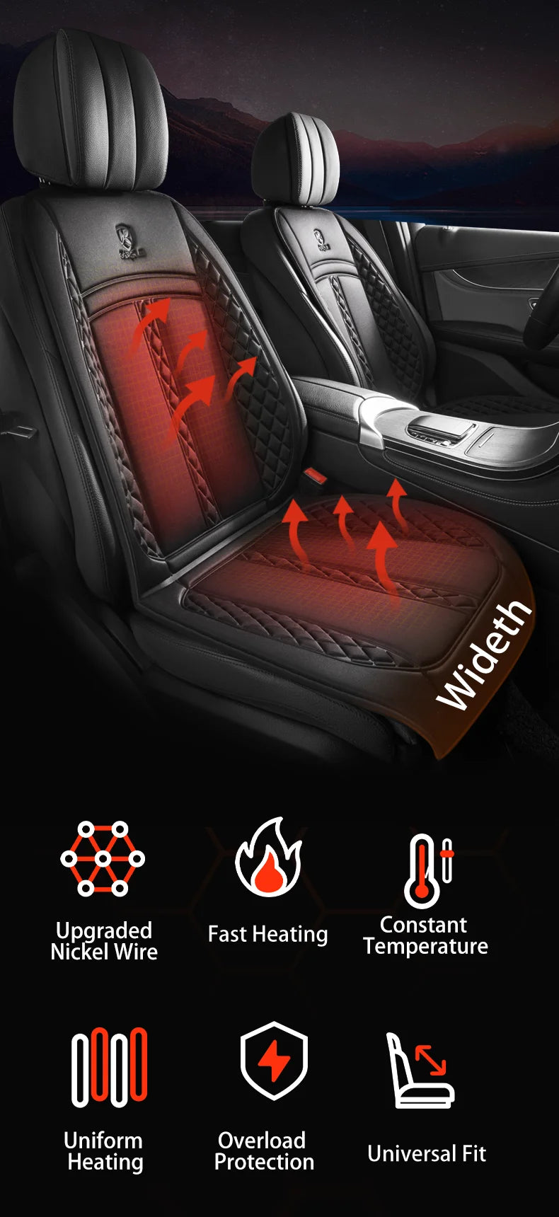 Almohadilla térmica universal de 12 V para asiento de coche, funda suave y calefactable para asiento de coche, protector de asiento de coche cálido de invierno de ancho mejorado, accesorios para coche