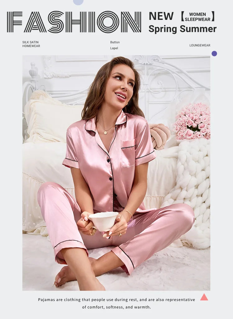 Conjuntos de pijama para mujer, otoño, manga corta, top con botones y pantalones, ropa de dormir de 2 piezas, conjunto de pijama con botones, ropa de casa, ropa de estar de satén