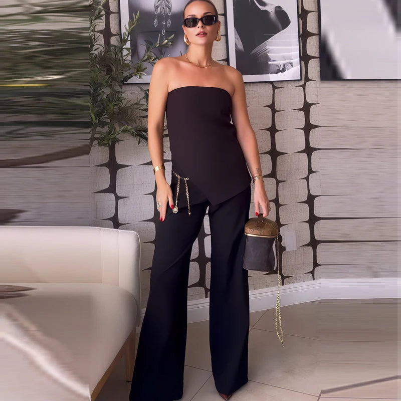 Conjunto de pantalón TRAF de 2 piezas para mujer, pantalones anchos, conjuntos lisos, tops y camisolas sin tirantes, conjunto de dos piezas para mujer, top corto y conjunto de pantalón 088
