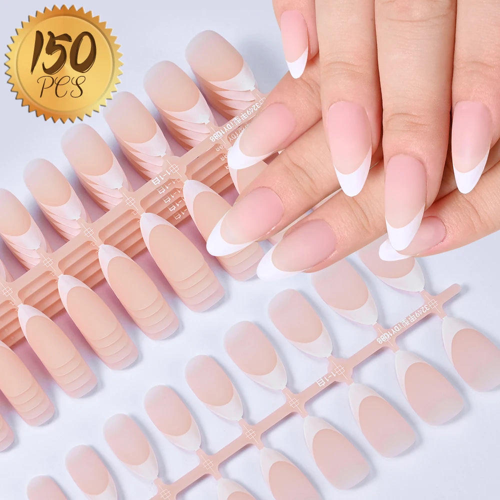 150/100/24Pcs Pink Matte French Press On Nail Tips Soft Full Cover Fake Nails Oval Almond False Nails Natural Extension Manicure