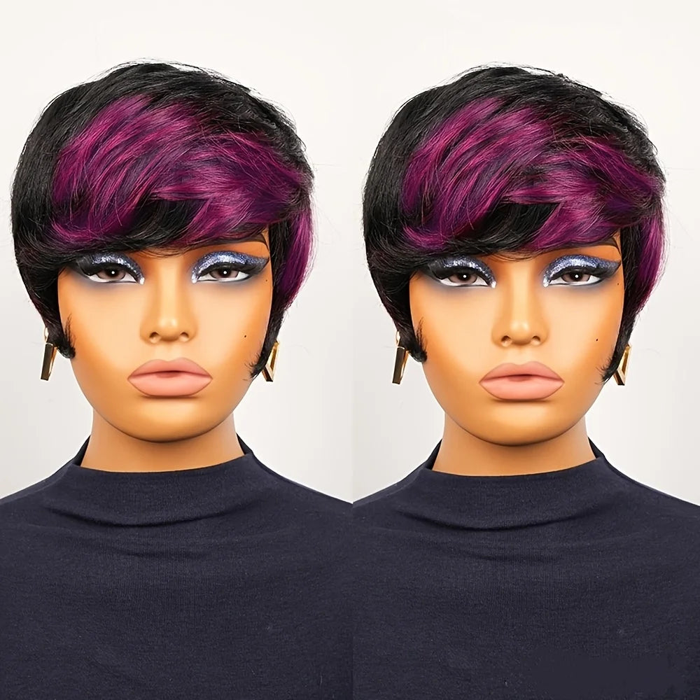 150% densiity 6inch 1B/PURPLE color layered pixie cut human hair wigs for women short curly machine made daily party use