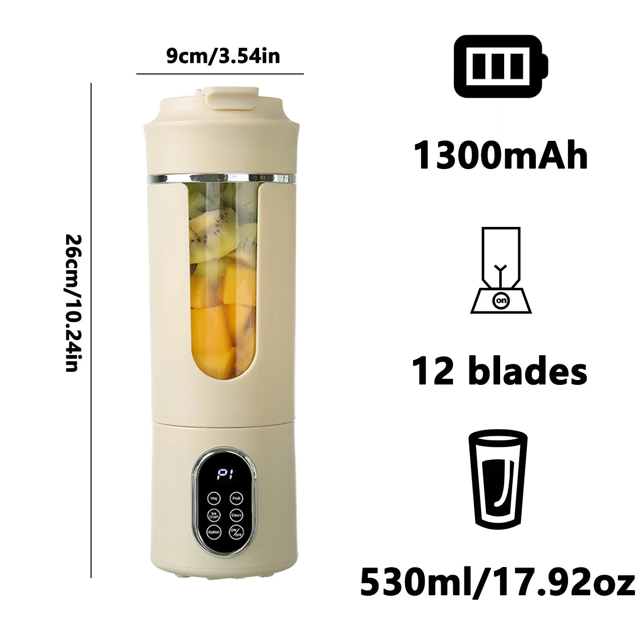 Nuevo exprimidor portátil de 530 ml, inalámbrico, carga USB, hielo picado, exprimidor eléctrico de 12 cuchillas, 4 velocidades, 7,4 V, mini licuadora de jugo fresco