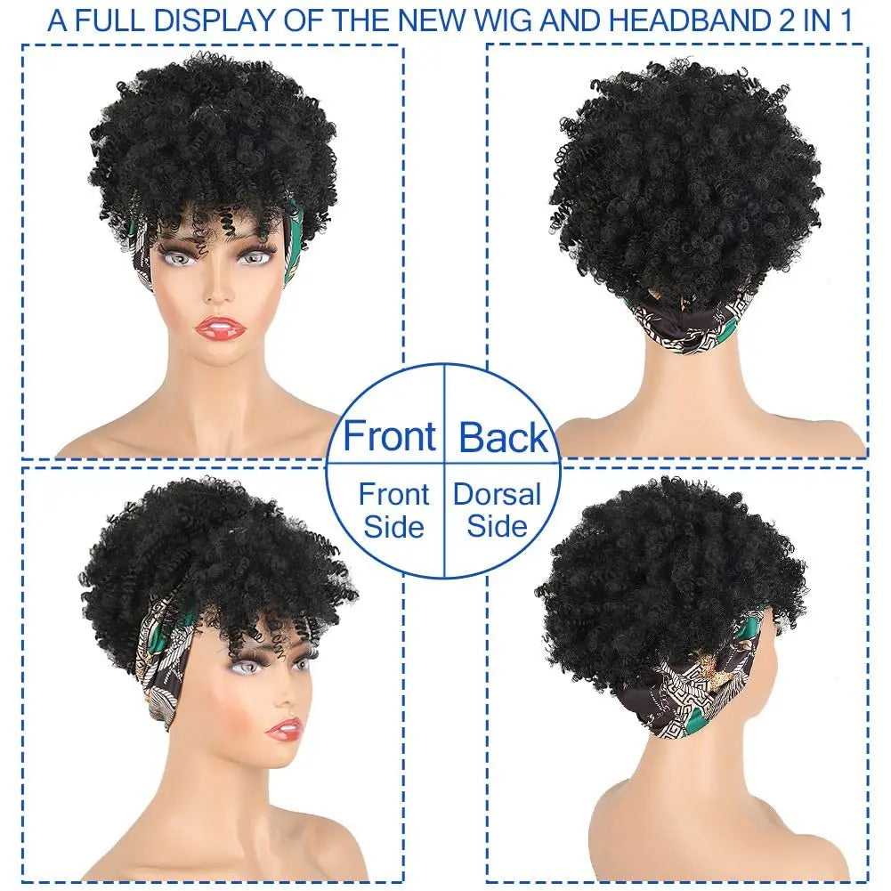 Synthetic wig short head African curly hair wig black female soft curly hair strap African headscarf wrapped around hair