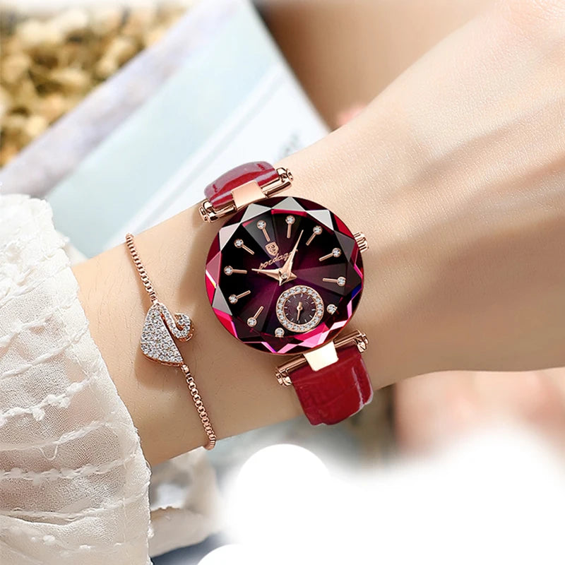 POEDAGAR Relojes de mujer, moda, esfera de diamante, cuero, cuarzo, marca superior de lujo, resistente al agua, reloj de pulsera para mujer, regalo para novia