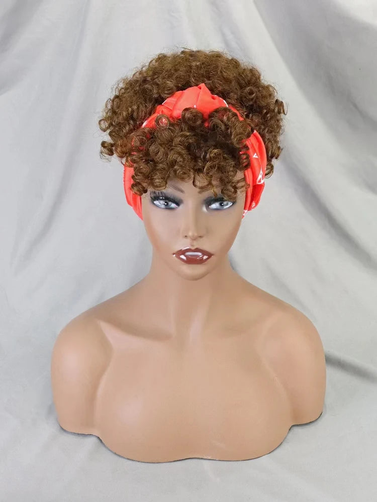 Short Afro Kinky Curly Headband Wig Glueless Ombre Turban Head Wrap Human Hair Wigs For African American Women Daily Cosplay 