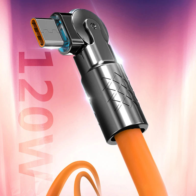Câble de données USB Type-C 120 W 6 A, charge ultra rapide, coudé à 180 °, en silicone, type-c, 1 m/2 m