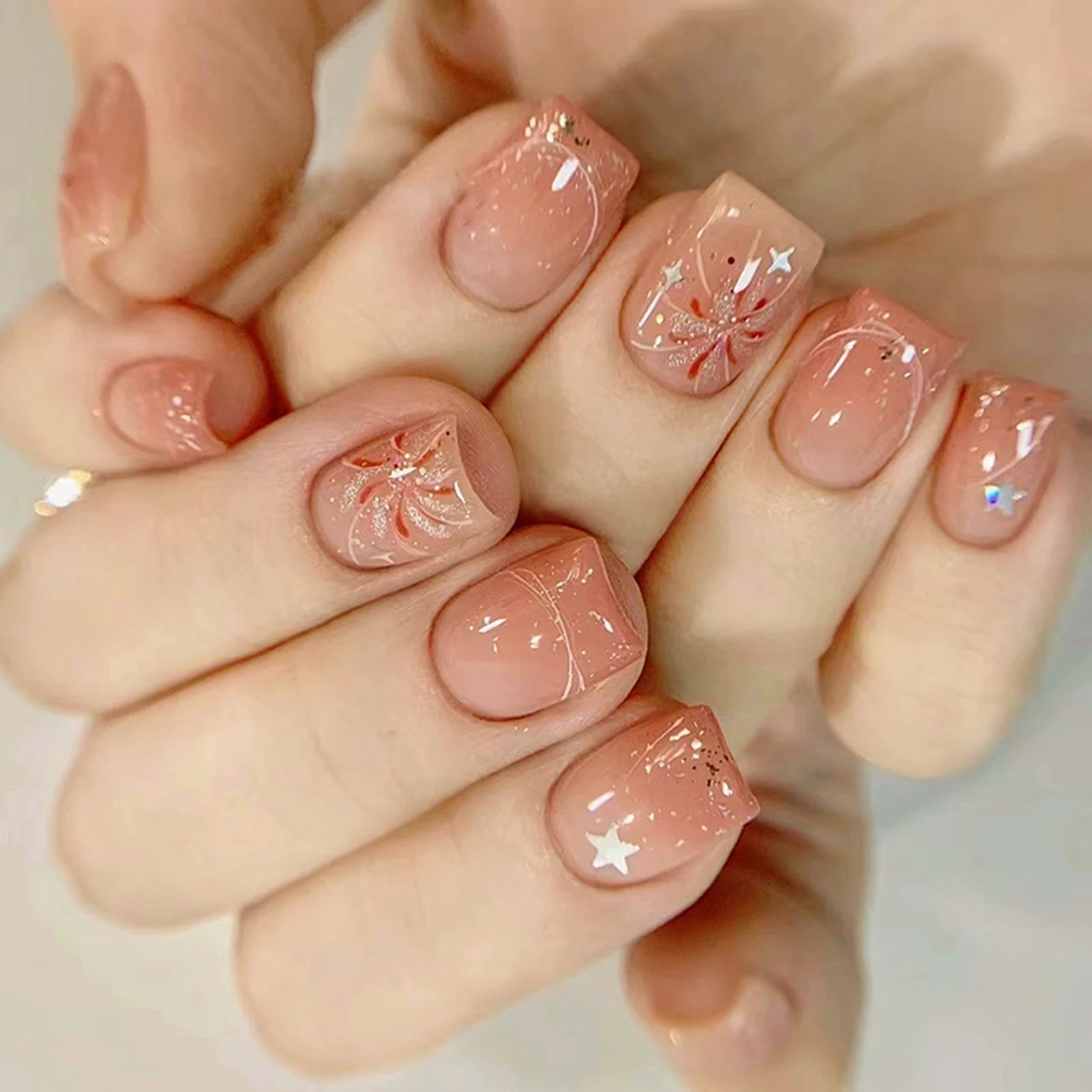 Woman Glittering Press On Nails Short Ballerina Blush False Nails Reusable Nail Tips for Women and Girl Nail Salon at Home