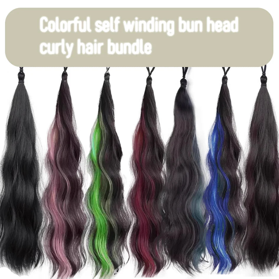 Tresse de perruque synthétique de 18 pouces, queue de cheval colorée à remontage automatique pour enfants, teinture dopamine, élastique à cheveux en forme de boulette, tresse de queue de cheval, divine