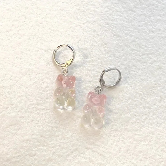 Pendientes colgantes de oso de gominola de acrílico bonitos para mujer, pendientes de aro de oso arcoíris CZ, joyería dulce de niña, moda coreana 2022