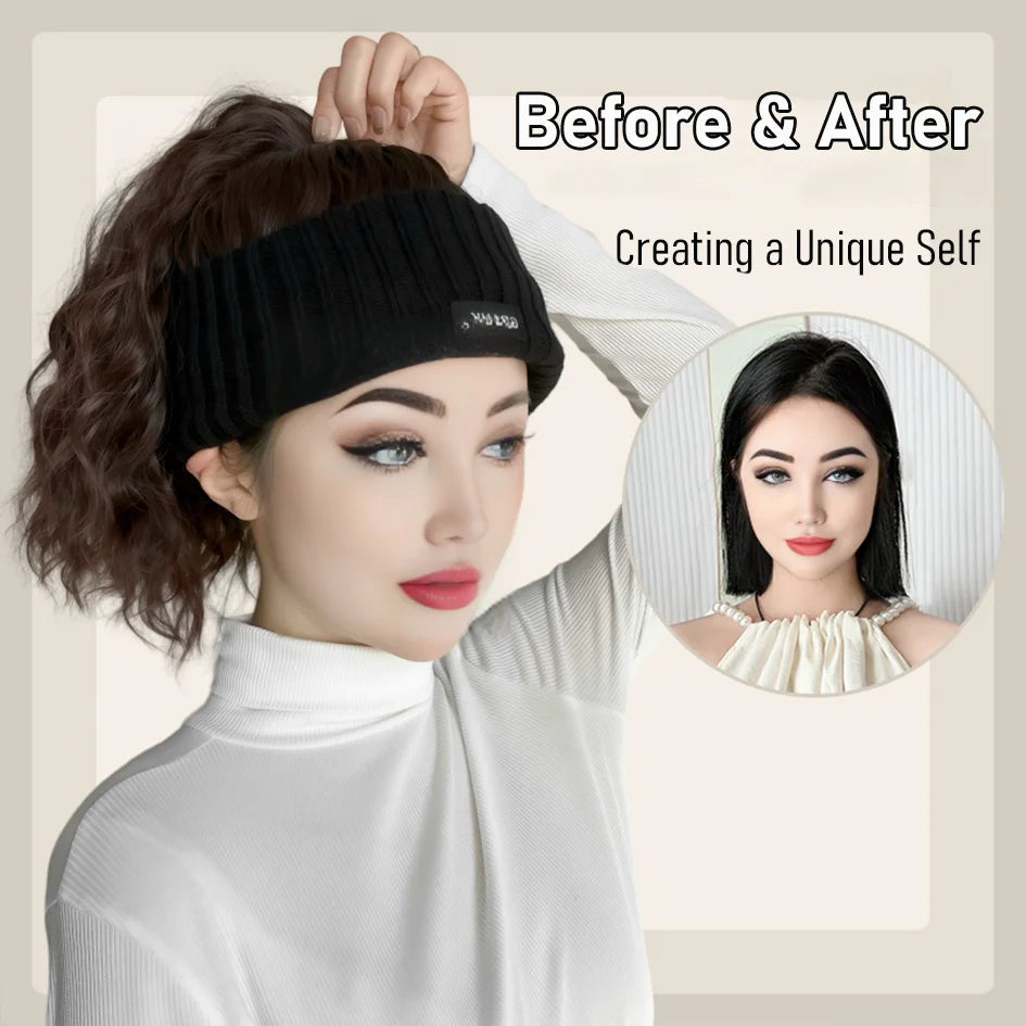 Synthetic 12inch Black Hollow Top Knit Hat Water wave Wig Extensions Ponytail Embroidered log Winter Warm Christmas