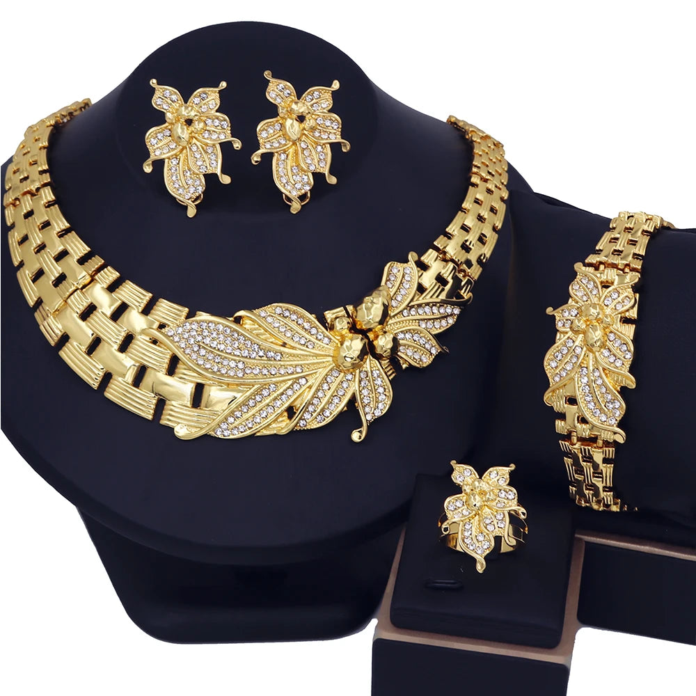 YTJX Juego de joyas de boda Africano Collar gargantilla de flor grande Pulsera de circonia fina Pendientes de perforación Anillo Joyería chapada en oro de 18 quilates
