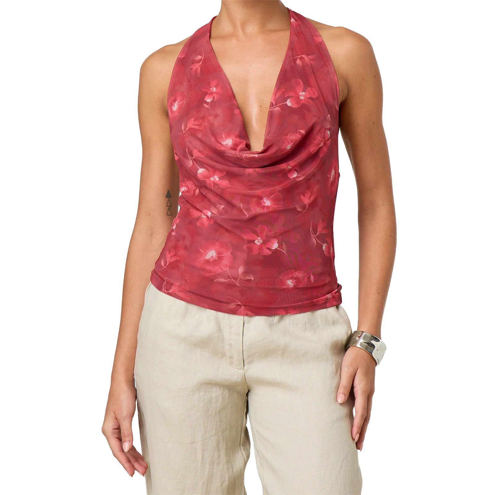Camisetas Halter de Calidad Premium para Mujer, Estampado Floral de Verano/Color Liso, Cuello Drapeado, Sin Espalda, Tipo Chaleco para Ropa Estética Urbana