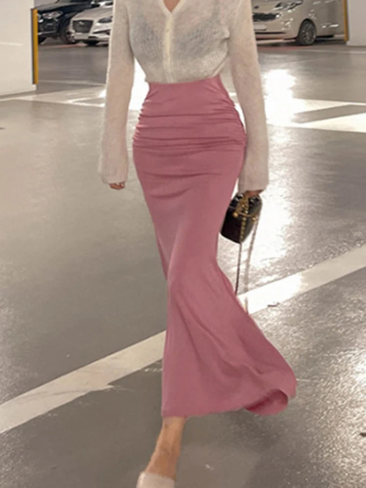 Faldas de satén fruncidas para mujer Falda de cintura alta para mujer Faldas elegantes línea A Falda midi rosa de verano Nuevo estilo coreano