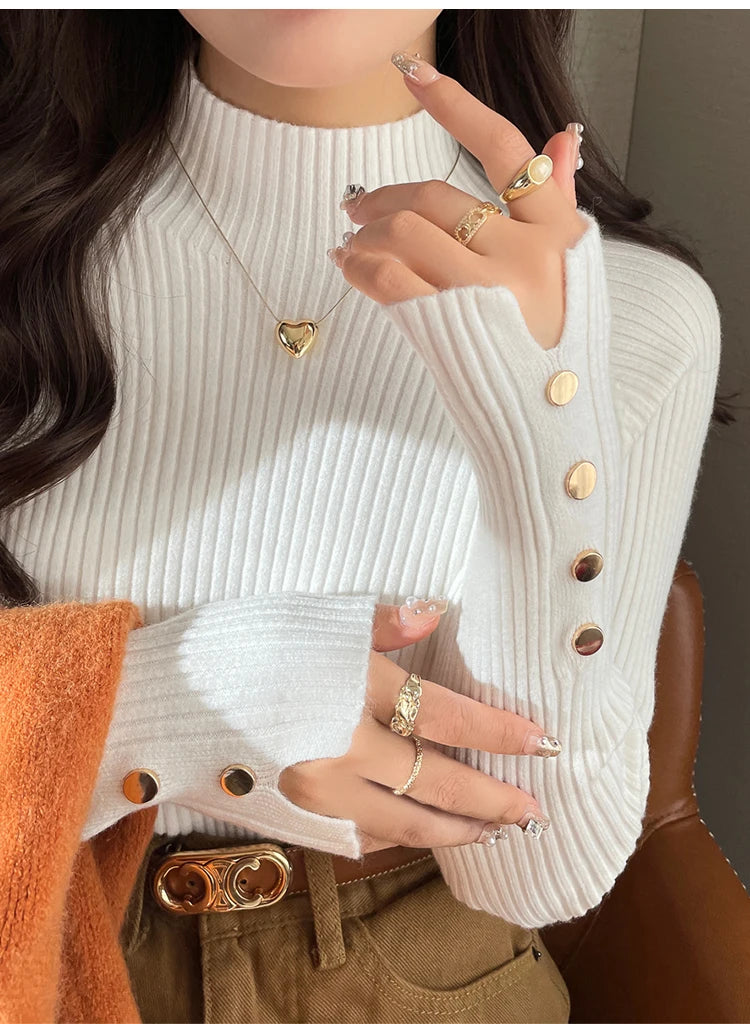 Suéter de otoño invierno para mujer, jerséis, tops de manga larga, ropa, suéter suave de punto delgado, ropa de calle, suéter de cuello alto con botones