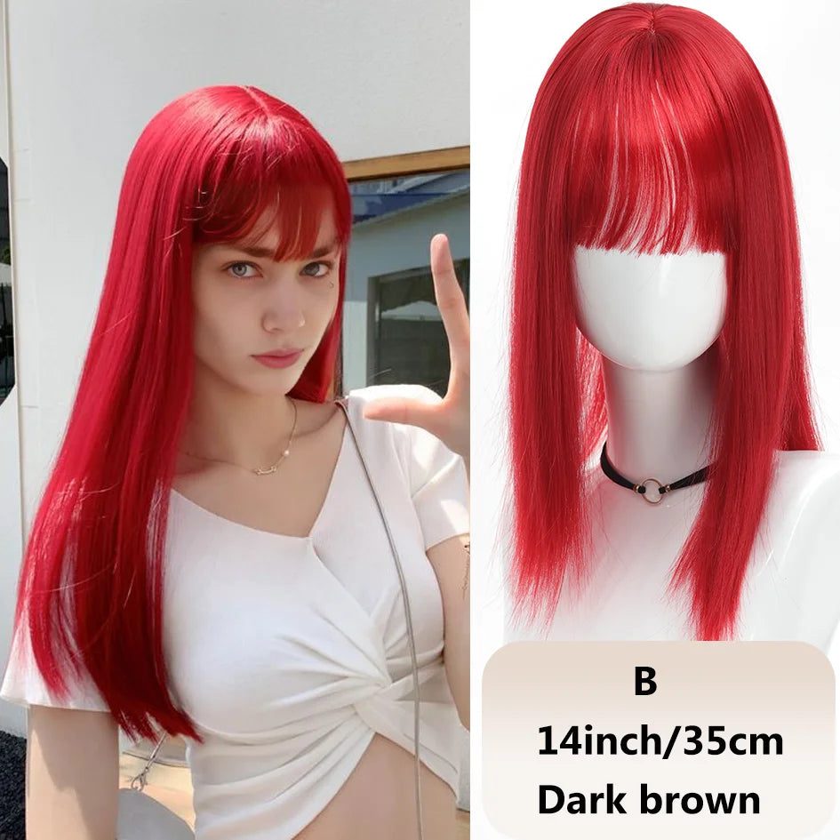 Syntetisk dameparykk med rett hår, 25 cm/30 cm pannelugg, topperstatning, tre kort, svart parykk/brun parykk/beige parykk/khaki parykk