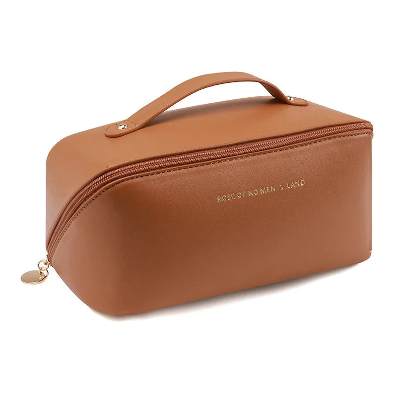 Bolsa de maquillaje PU a la moda y práctica, bolsa de almacenamiento de viaje, neceser de gran capacidad, bolsa de maquillaje con almohadilla de belleza para apoyar la mano