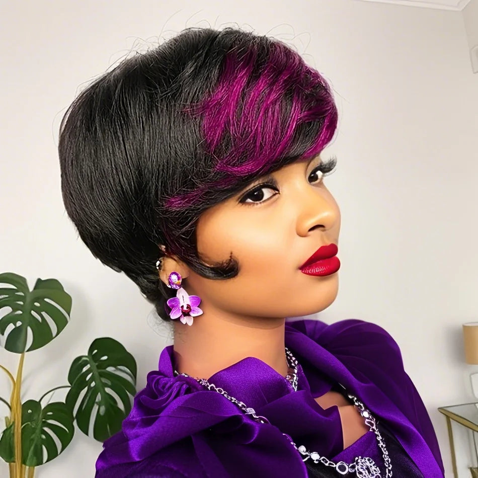 Peluca Elegante Pixie Cut Cabello Humano Lacio Densidad 180% con Flequillo Confeccionada a Máquina Completa para Mujeres
