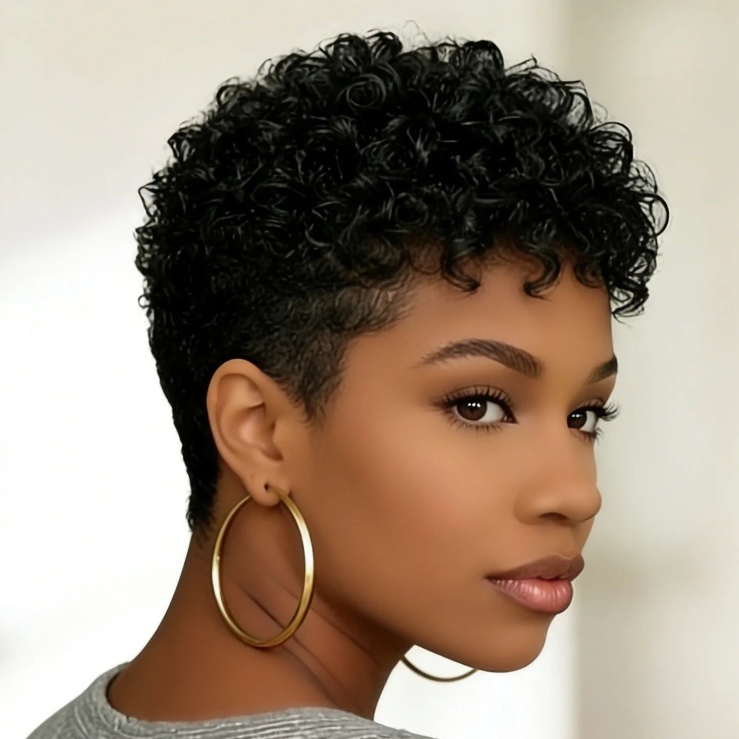 Perruque bouclée en cheveux humains de coupe pixie