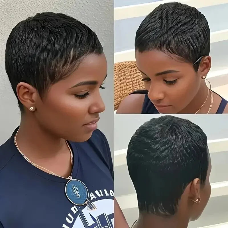 Perruque Cheveux Courts Pixie Coupe Cheveux Naturels=Perruques Cheveux Naturels pour Femmes Couleur Noire Entièrement Faite à la Machine