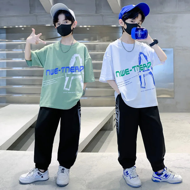 2025 summer Teenager Boys Clothes Casual Kids Tracksuit Child t shirt + Ankle-tied long pant 4 5 6 7 8 9 10 12 11 13 14 Year