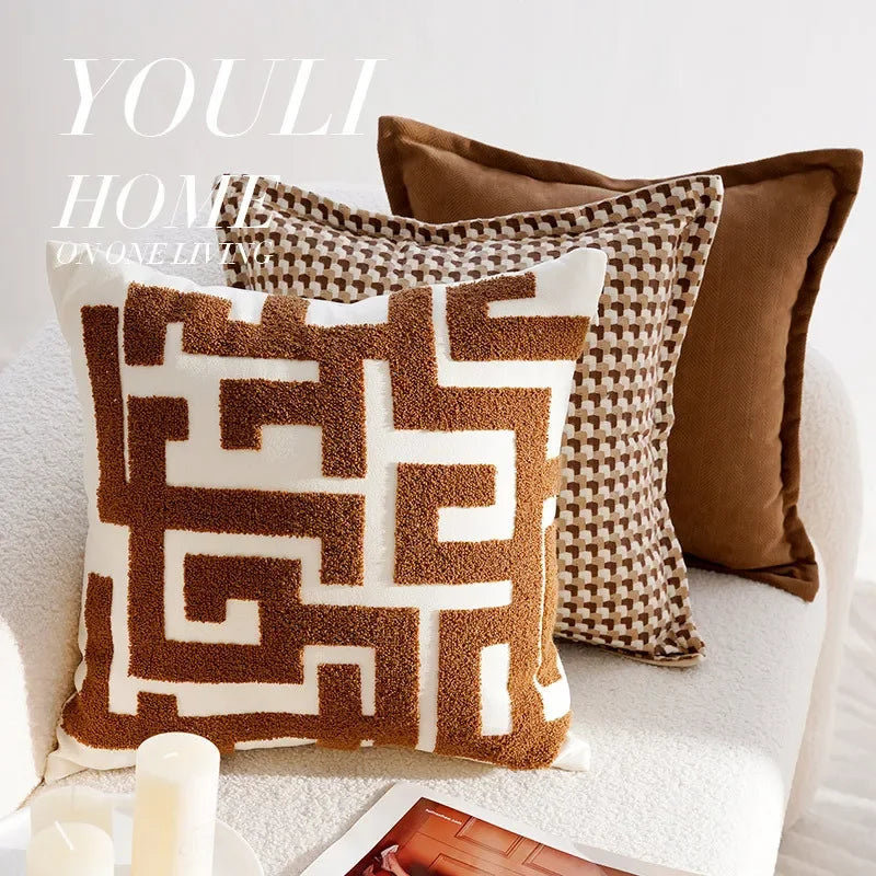 Putetrekk i kremfarget, retrostil, brunt fransk sofaputetrekk 45x45cm putetrekk