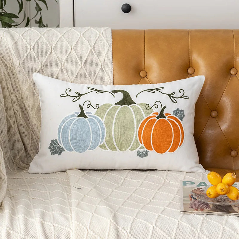 Funda de cojín bordada con toalla, bordado de calabaza de Halloween, funda de cojín de oficina de otoño