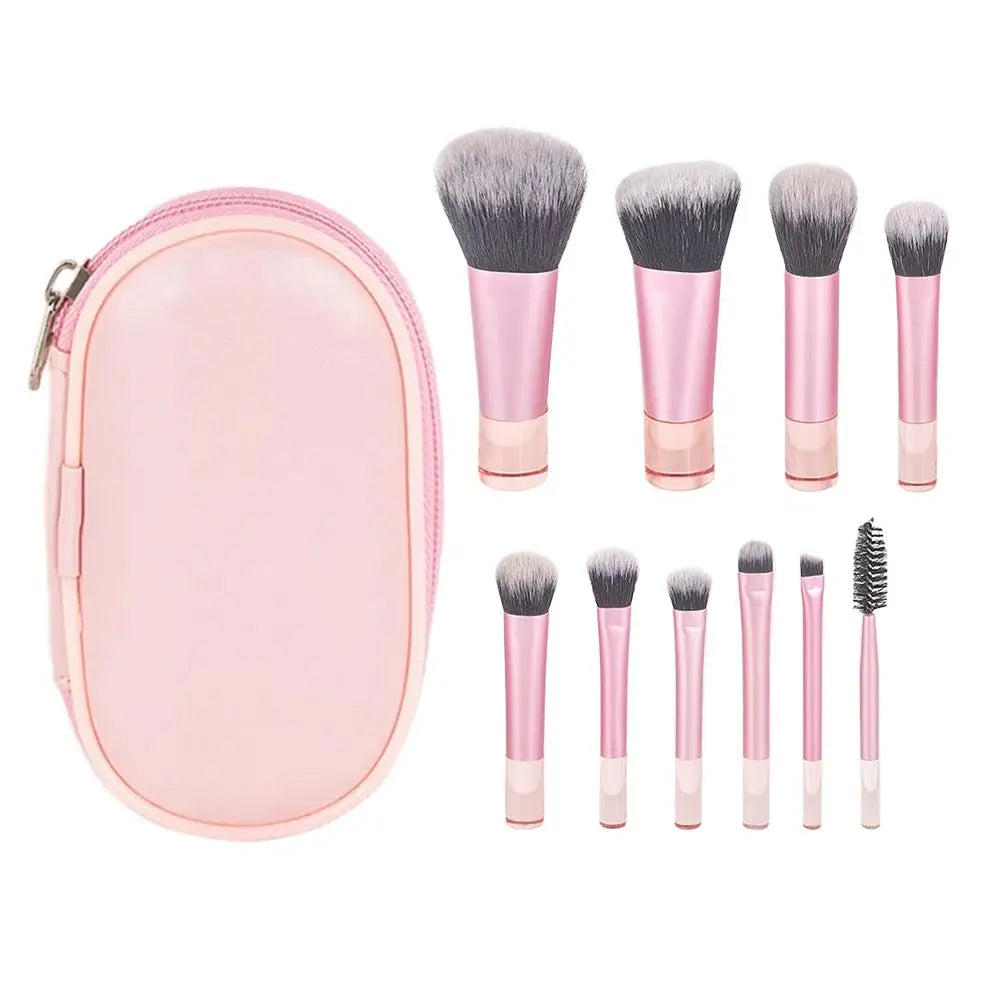 Set de 10 mini brochas de maquillaje para principiantes, brochas para base y corrector de ojos, brochas cosméticas de viaje con estuche portátil