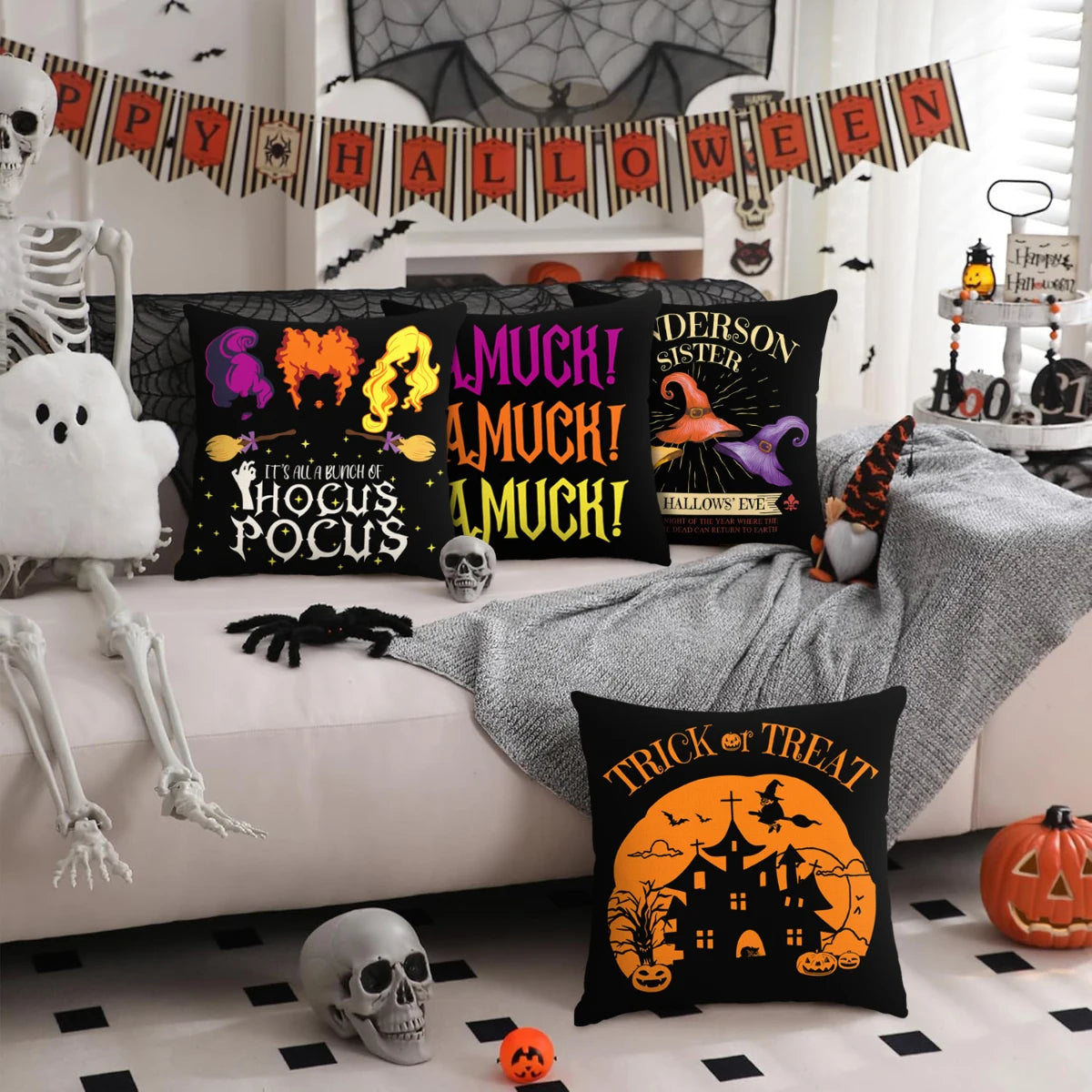 1 ud./4 Uds. Funda de almohada decorativa de Halloween, funda de cojín de truco o trato, fantasma, cabeza de calabaza, funda de cojín de sofá con decoración de murciélago